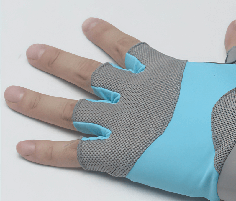 Gray and blue non-slip breathable half-finger glove for weightlifting, yoga, and cycling on hand.