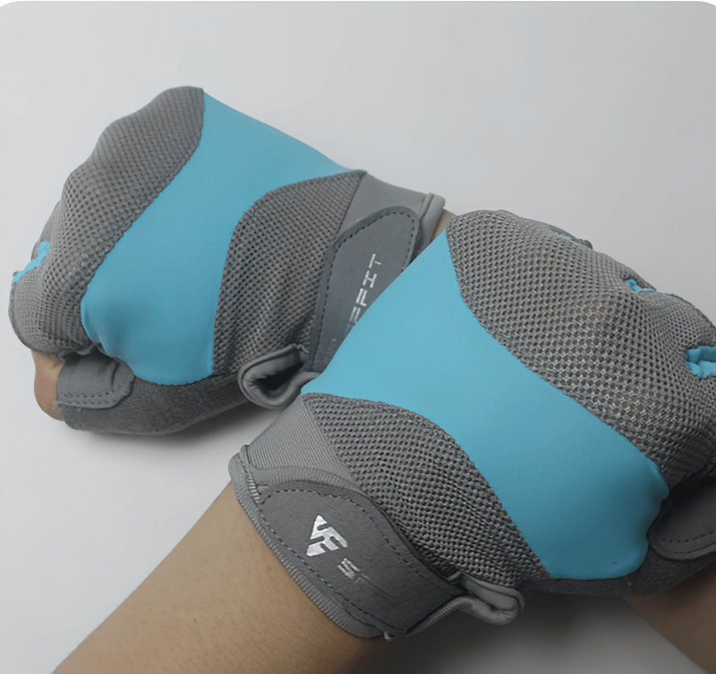 Gray and blue non-slip breathable half-finger gloves for weightlifting, yoga, and cycling, designed for a secure grip.