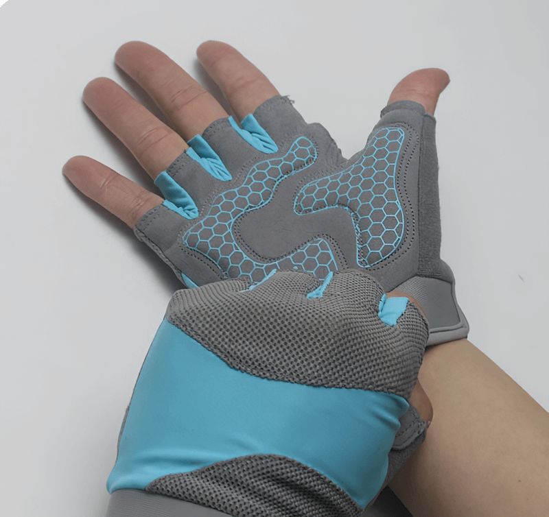 Non-Slip Breathable Half-Finger Gloves for weightlifting, yoga, and cycling in gray and blue, showcasing palm design and grip.