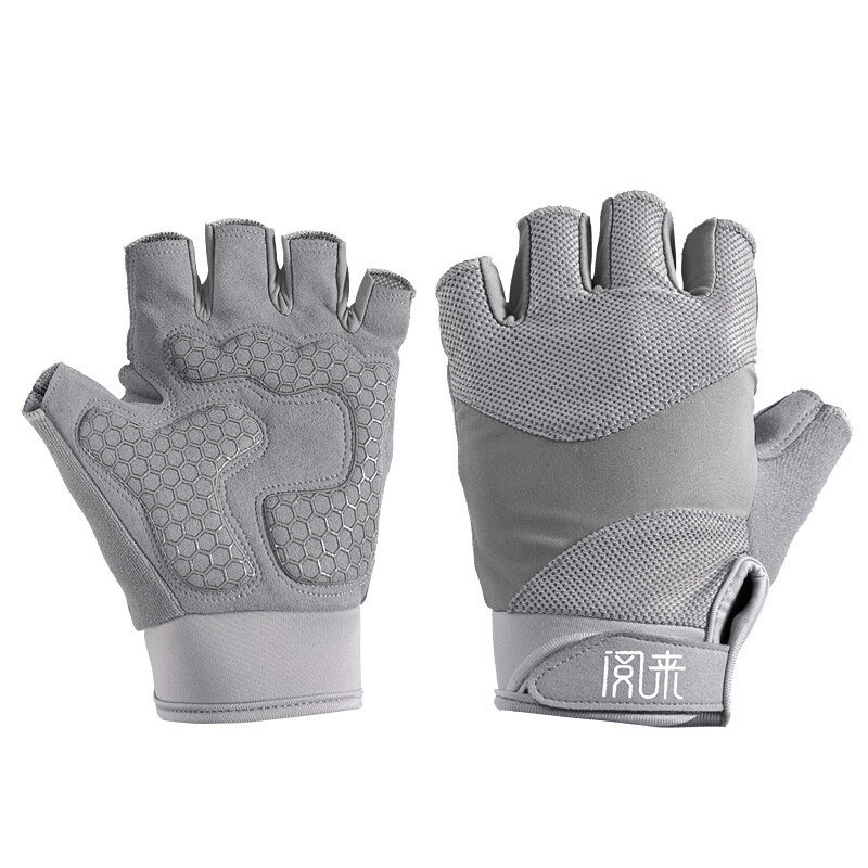 Gray non-slip breathable half-finger gloves for weightlifting, yoga, and cycling; designed for comfort and secure grip.