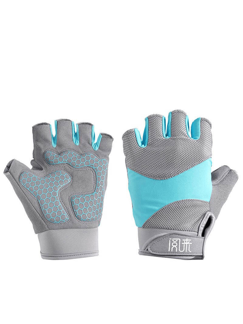 Gray and blue non-slip breathable half-finger gloves for weightlifting, yoga, cycling - product SF0799 front view