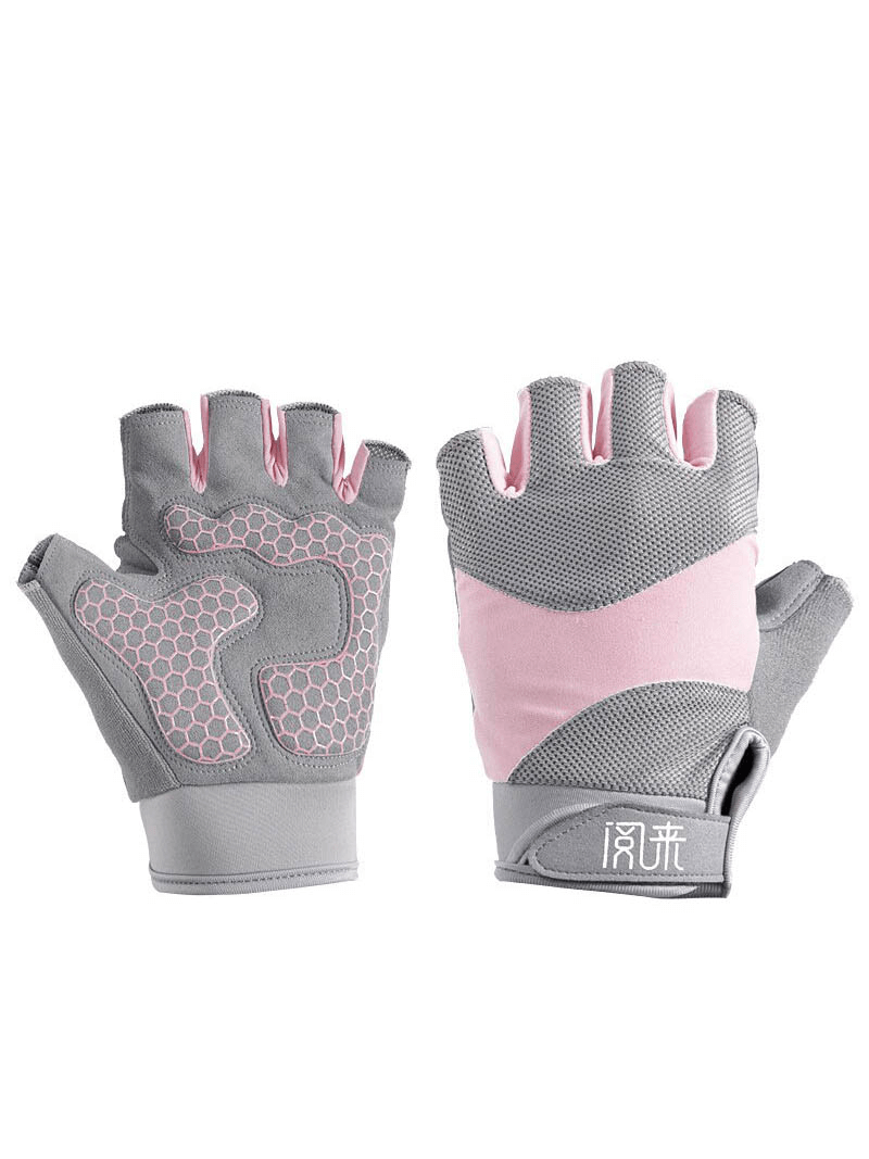 Non-slip breathable gray and pink half-finger gloves for weightlifting and yoga, featuring durable polyester and secure grip design.
