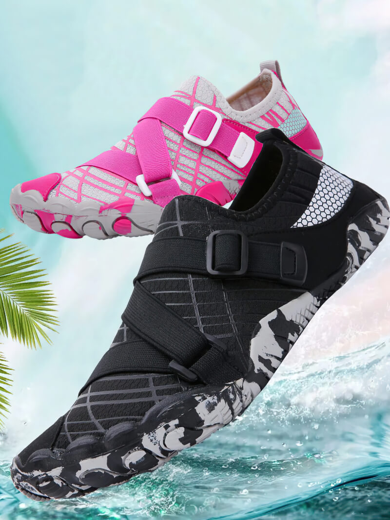 Non-slip breathable aqua shoes in pink and black, ideal for swimming and fishing. Featuring a synthetic upper and TPR outsole.