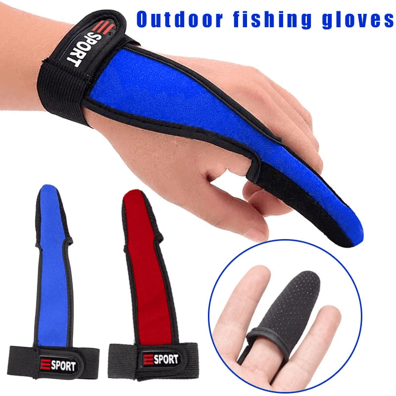 Non-slip single finger fishing gloves in red and blue, providing enhanced grip for outdoor activities. Made of polyester, 19cm length.