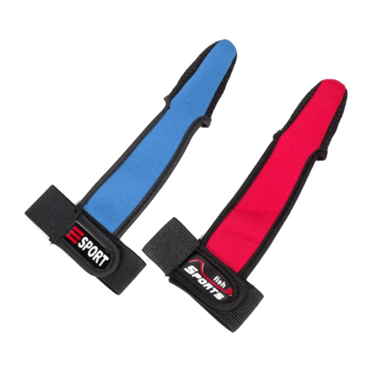 Red and blue non-slip single finger fishing gloves with adjustable straps for enhanced grip during outdoor activities.