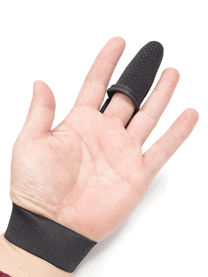 Single finger non-slip protector glove for fishing with black anti-slip grip on index finger. Made from polyester for enhanced outdoor grip.