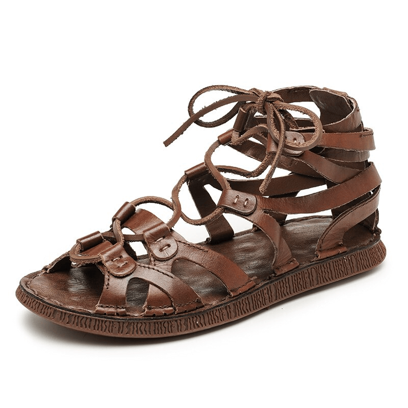 Brown genuine leather non-slip trekking men's lightweight hiking sandals, SF1100 model, with lace-up design.
