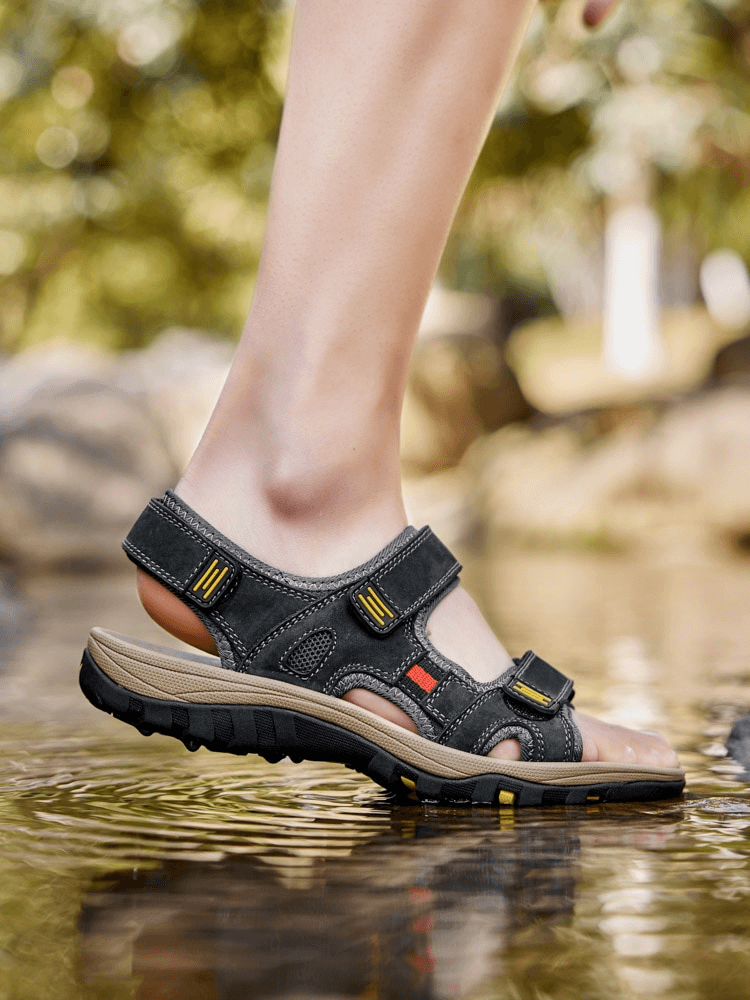 Open Toe Tactical Leather Men's Sandals with Adjustable Velcro in outdoor setting