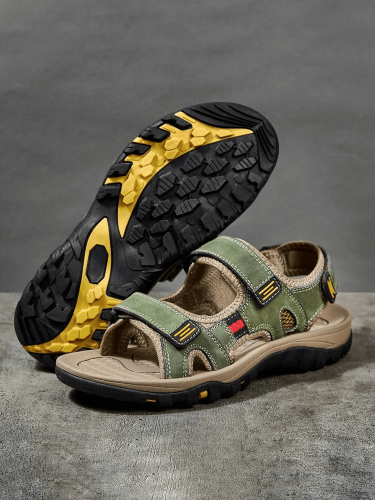 Open Toe Tactical Leather Men's Sandals with Adjustable Velcro, featuring a durable sole and stylish design.