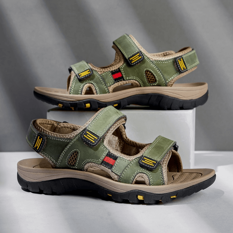 Open toe tactical leather men's sandals with adjustable Velcro in green, featuring a sturdy outsole and stylish design for comfortable wear.