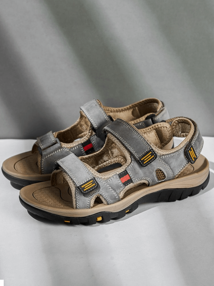 Open Toe Tactical Leather Men's Sandals with Adjustable Velcro and Flat Heel in Leisure Style by SF1101