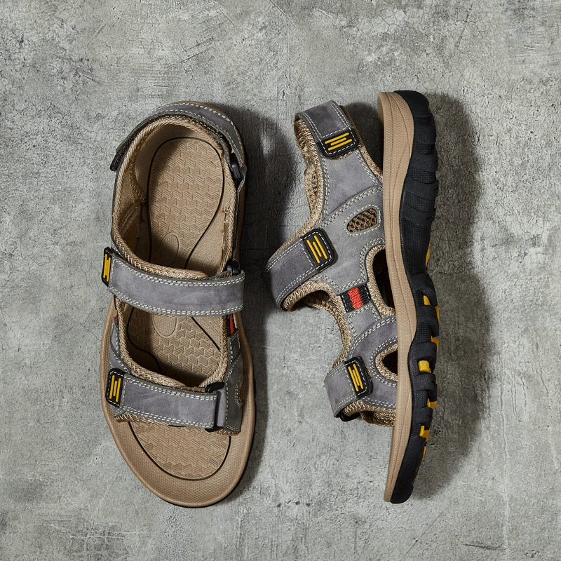 Tactical leather sandals with open toe, adjustable Velcro straps, split leather upper, flat heel, and latex insole for men - SF1101