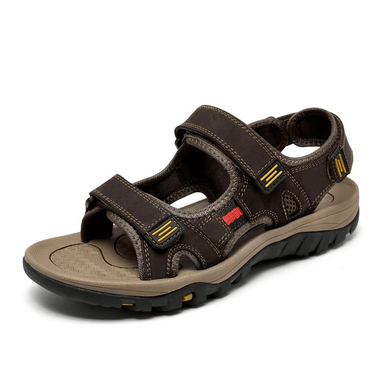 Open Toe Tactical Leather Men's Sandals with Adjustable Velcro, featuring solid pattern, latex insole, flat heel, and split leather upper.