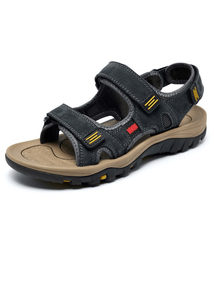 Open Toe Tactical Leather Men's Sandals with Adjustable Velcro, featuring flat heel and sewing fashion, ideal for comfort and style.