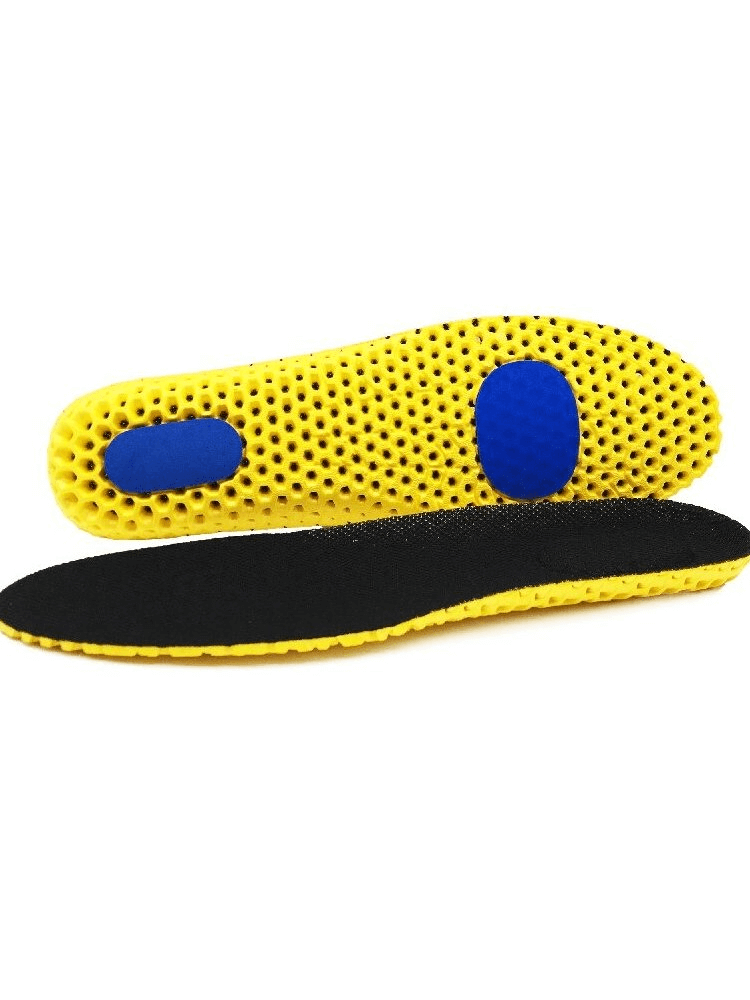 Yellow and black orthopedic breathable mesh insoles with shock-absorbing EVA foam and arch support for maximum comfort.