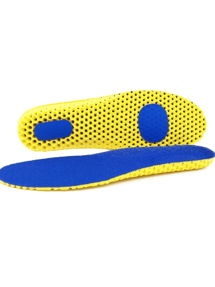 Orthopedic breathable mesh insoles in blue and yellow, featuring quick-drying EVA foam, shock absorption, and arch support.