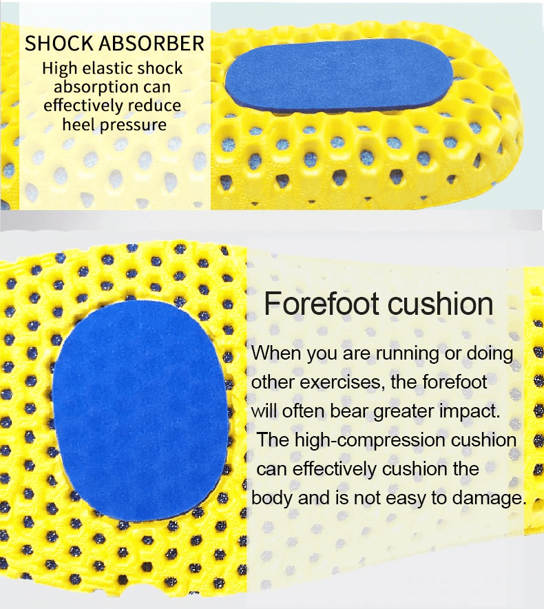 Orthopedic breathable mesh insoles with shock absorber and forefoot cushion for enhanced comfort and durability in shoes.