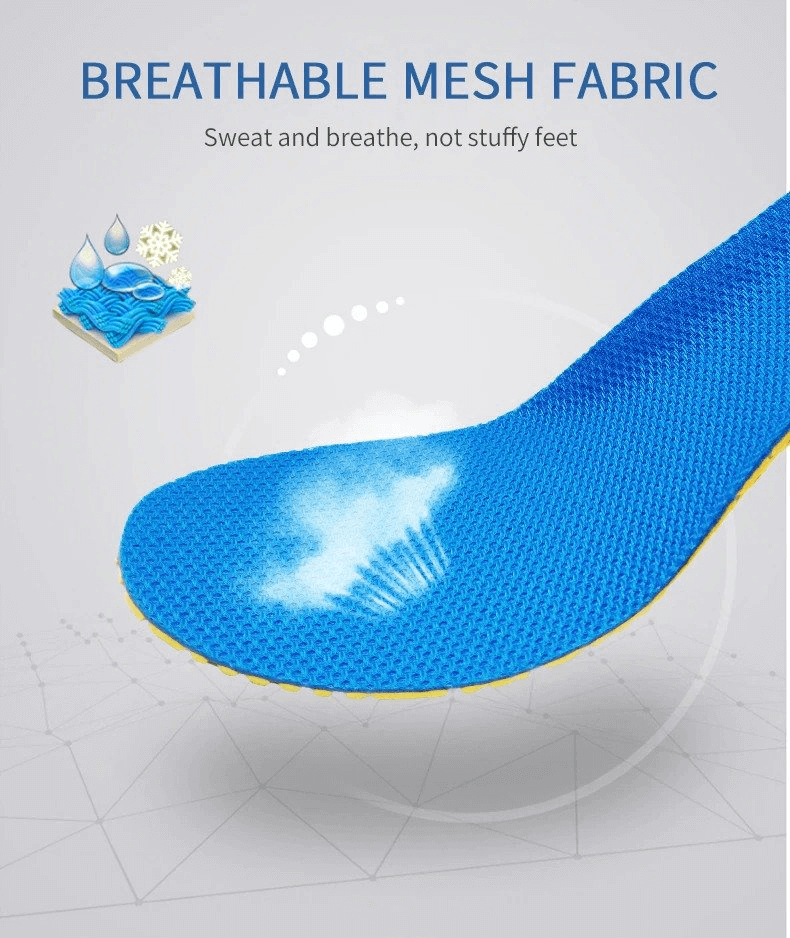 Close-up of blue orthopedic breathable mesh insole, highlighting moisture-wicking fabric for sweat absorption and dry comfort.