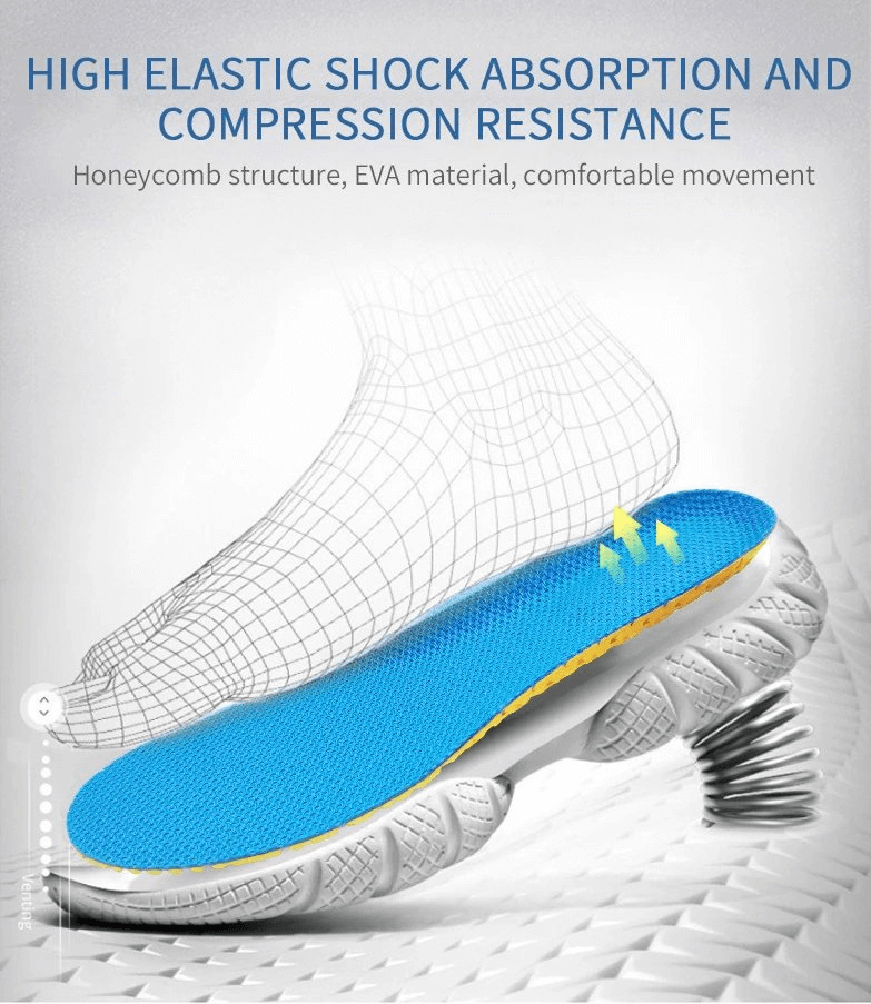 Illustration of orthopedic breathable mesh insoles with high elastic shock absorption and compression resistance.