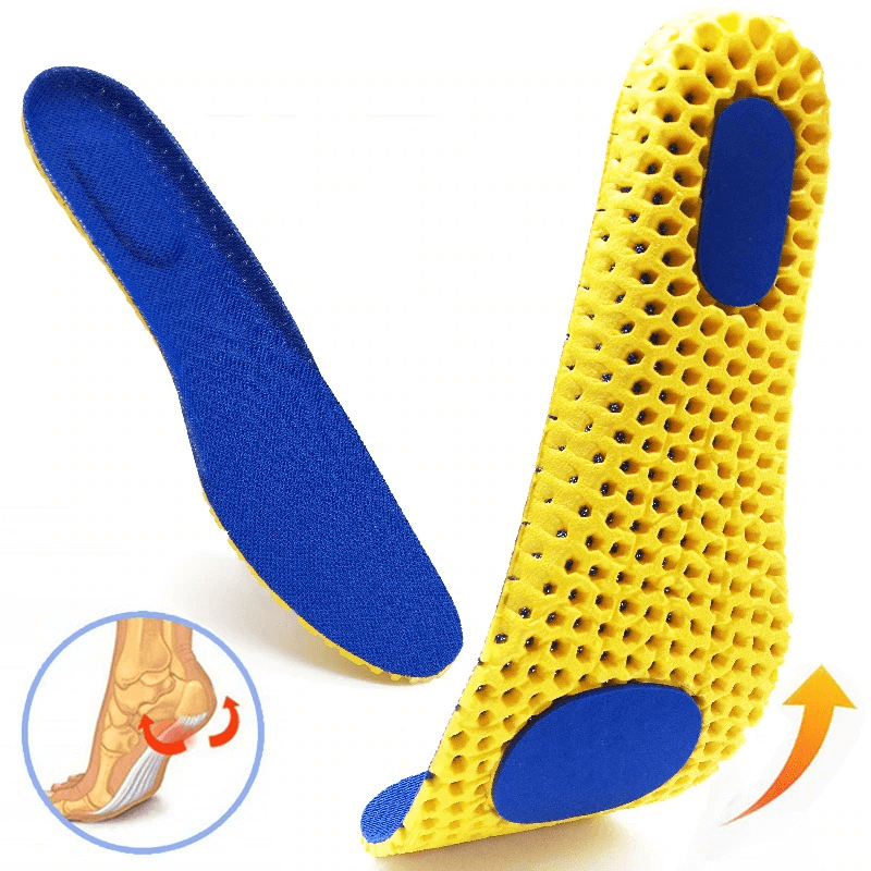 Orthopedic breathable mesh insoles for shoes, unisex design in yellow and blue, featuring shock-absorbing and arch support for comfort.
