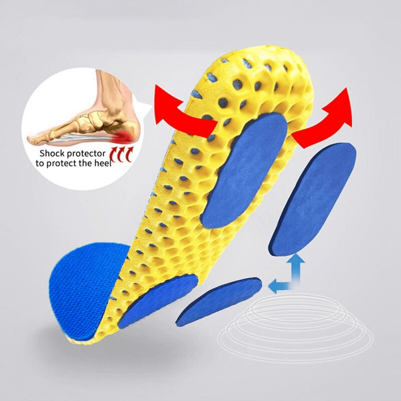 Orthopedic breathable mesh insoles with shock protector, anti-slip design, and arch support for maximum comfort and durability.