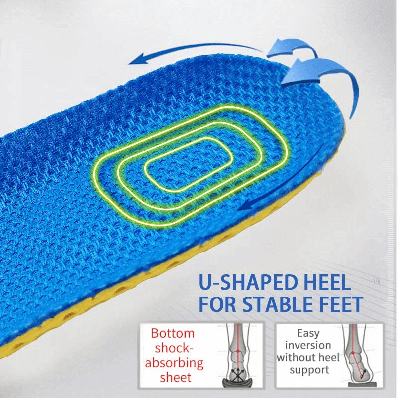 Blue orthopedic breathable mesh insole with U-shaped heel for stable feet, featuring bottom shock-absorbing sheet and heel support.