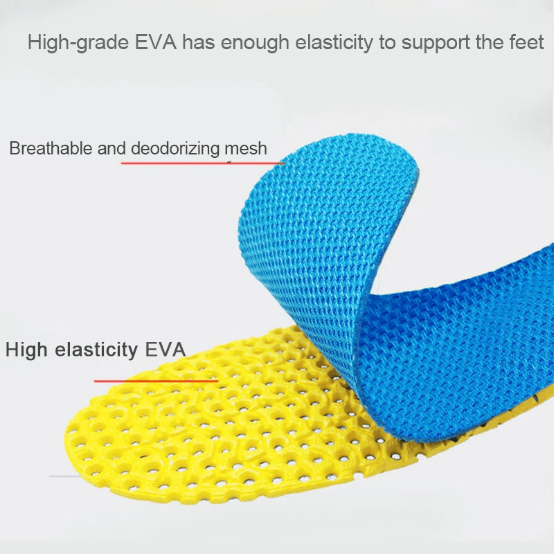 Orthopedic breathable mesh insoles showcasing high-grade EVA and deodorizing mesh for comfort.