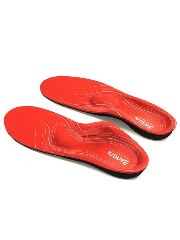 Red orthopedic insoles with arch support for superior comfort, shock absorption, and anti-slip design. Ideal for men's and women's shoes.