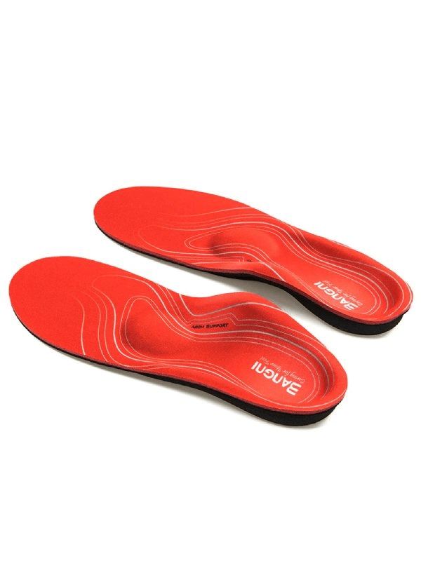 Red orthopedic insoles with arch support and anti-slip design, ideal for comfort and shock absorption.