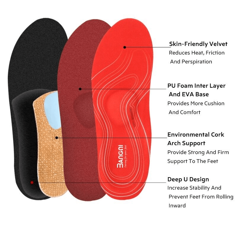 Orthopedic Insoles: Multi-layer design with velvet, PU foam, cork arch, offering cushion, comfort, and stability for feet support.