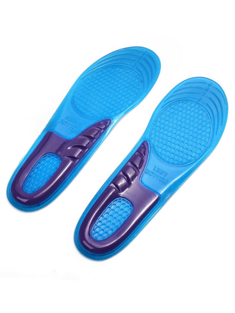 Blue and purple orthopedic massage elastic shoe insoles with adjustable length, featuring durable silicone and gel materials.