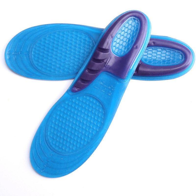 Blue orthopedic massage elastic shoe insoles with adjustable length, featuring shock absorption and arch support.