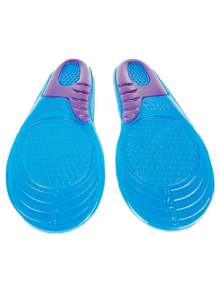 Orthopedic massage elastic shoe insoles, blue and purple, adjustable length, silicone and gel for arch support. Model SF1124.