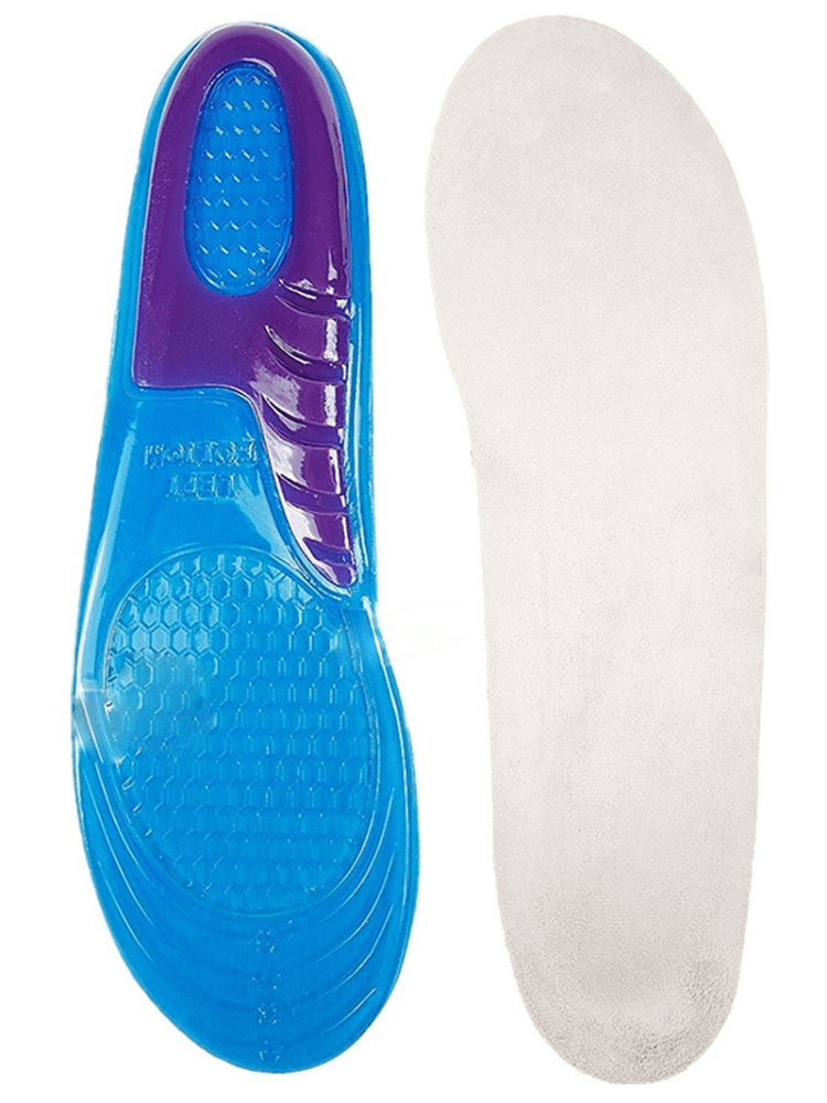 Orthopedic massage elastic shoe insoles with gel cushioning, adjustable length, blue and white design, SF1124 model.