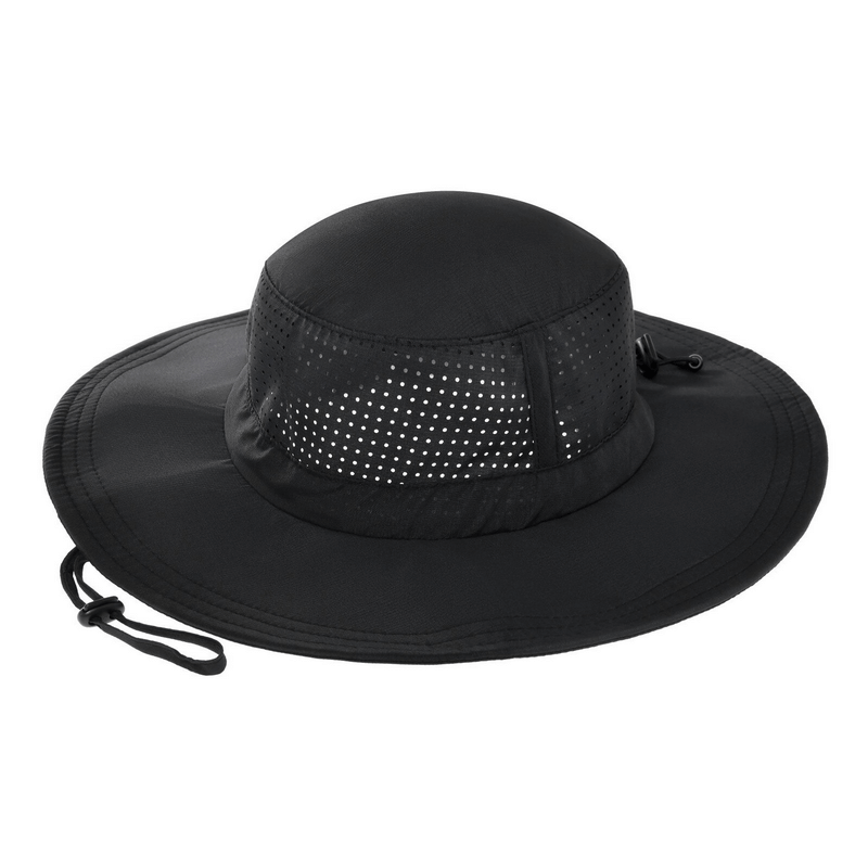 Black breathable sun hat for camping, unisex bucket style with ventilation, perfect for outdoor adventures. Model SF0176.