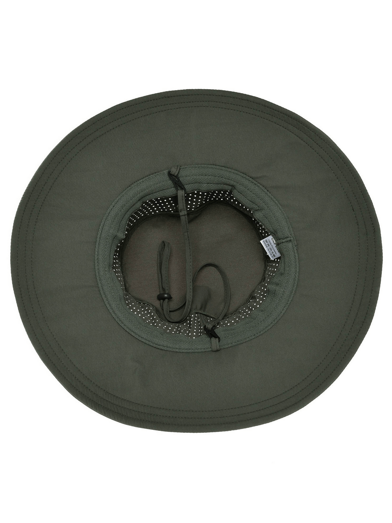 Top view of Outdoor Breathable Sun Hat for Camping, unisex bucket hat in dark green, showing interior mesh lining and adjustable cord.