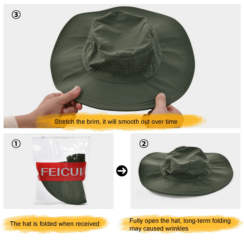 Green breathable outdoor sun hat for men and women, showcased flat and how it unfolds from packaging, perfect for camping adventures.