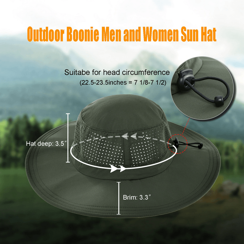 Outdoor breathable sun hat for camping, adjustable fit, unisex design with wide brim and mesh for sun protection.