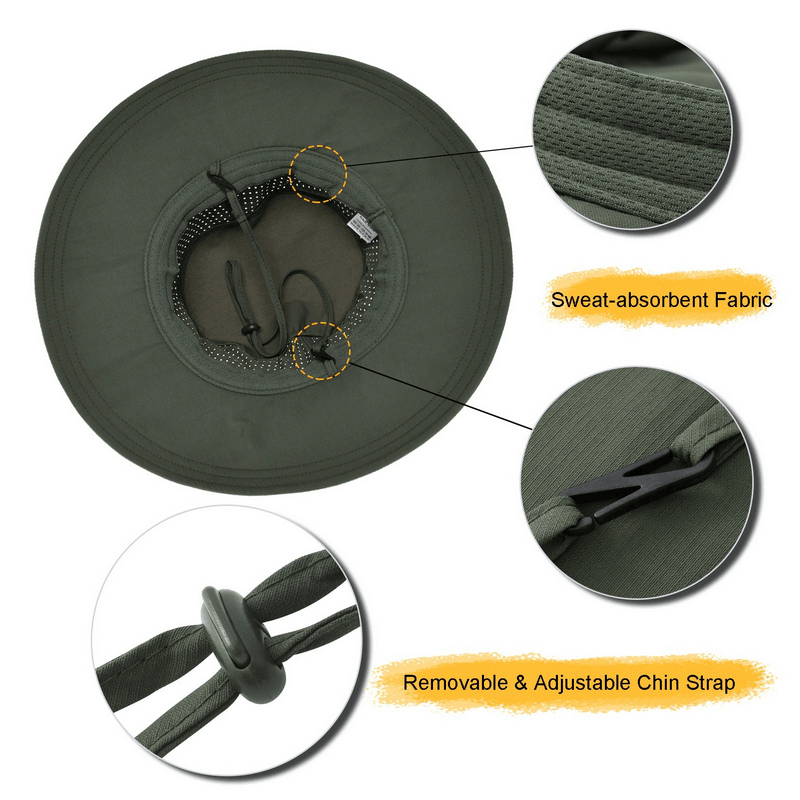 Olive green outdoor breathable sun hat with sweat-absorbent fabric and adjustable chin strap, ideal for camping adventures.