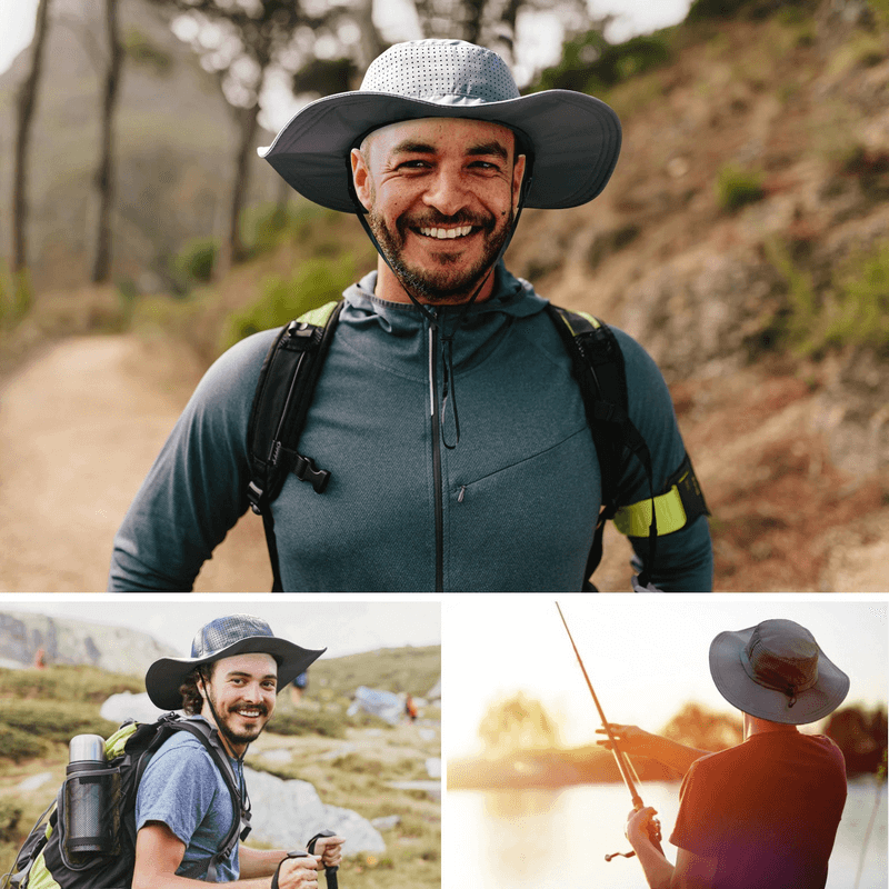 Man wearing outdoor breathable sun hat while hiking, camping, and fishing. Perfect hat for sun protection and adventure.