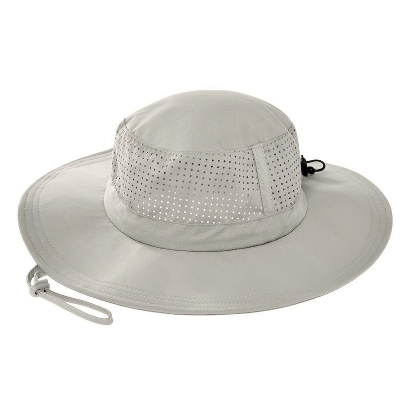 Light gray outdoor breathable sun hat for men and women, perfect for camping, with vented design and wide brim for sun protection.