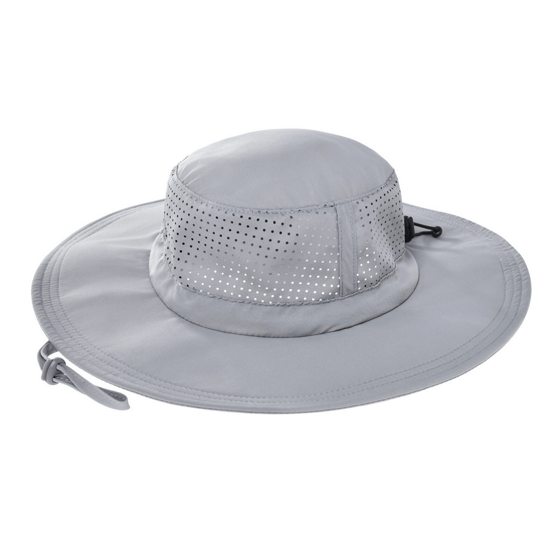 Outdoor breathable sun hat for men and women in grey with wide brim, perfect for camping and sun protection.