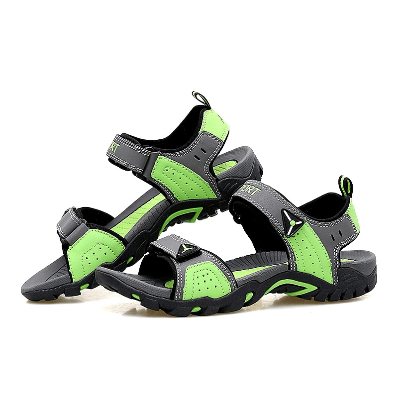 Stylish black and green men's sandals showcasing flexible non-slip rubber sole, PU leather upper, and ankle support.