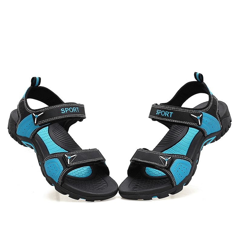 Stylish non-slip men's sandals, blue and black, with PU leather upper and rubber sole for outdoor comfort and support, model SF1062.