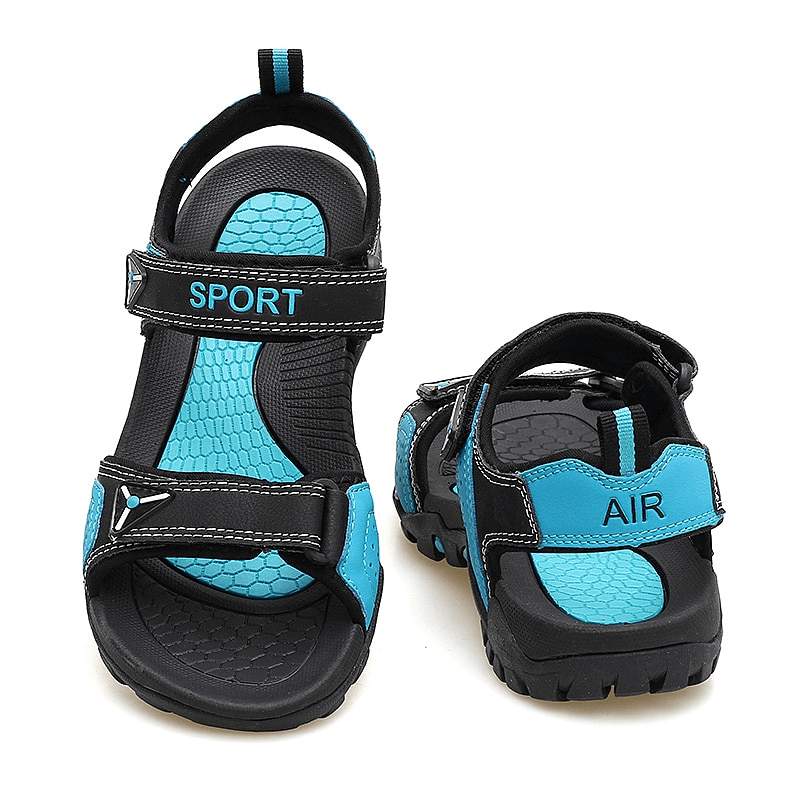 Outdoor Fashion Flexible Non-Slip Men's Sandals with PU Leather and Rubber Sole, SF1062, front and rear view, black and turquoise.