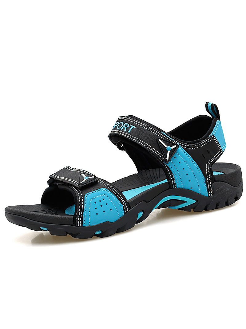 Blue and black outdoor men's sandals with flexible non-slip soles and secure hook and loop closure for stylish comfort.