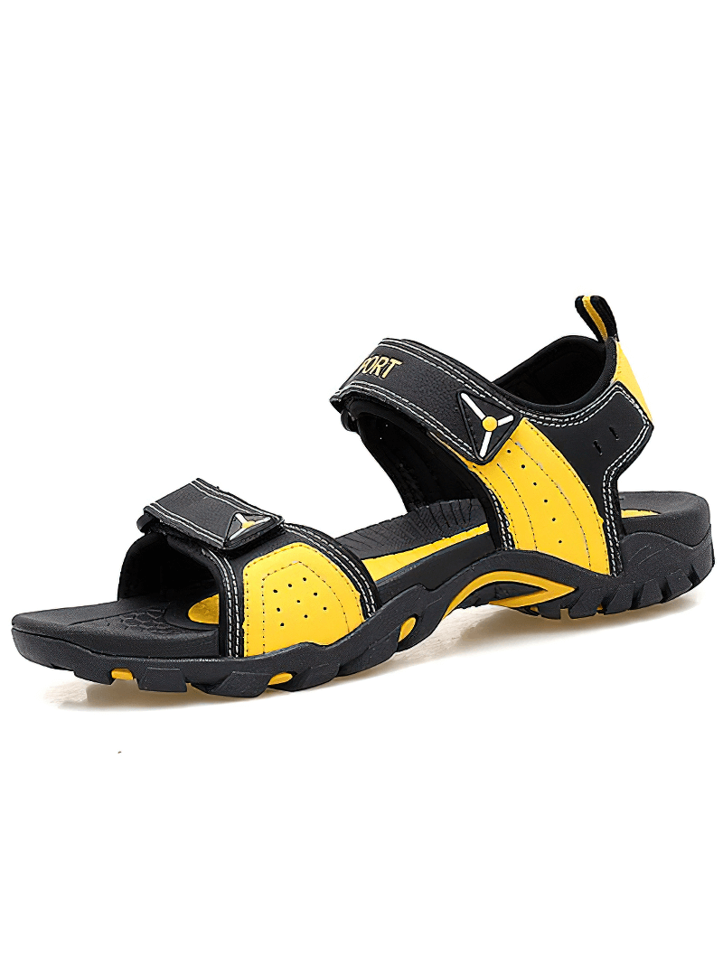 Yellow and black men's flexible outdoor sandals with non-slip rubber sole and hook and loop closure, perfect for summer adventures.