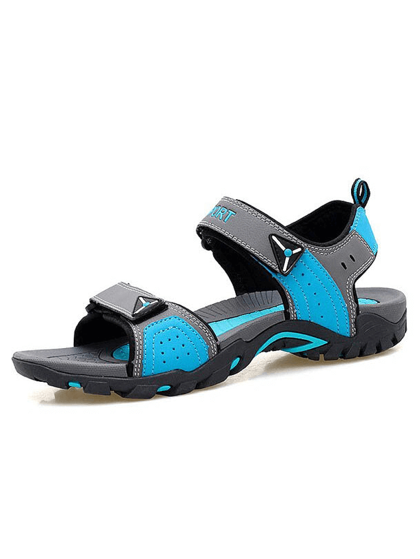 Blue and grey outdoor fashion men's sandals with non-slip rubber sole and hook-and-loop closure for secure fit.