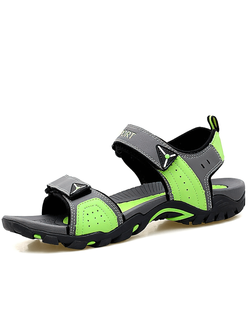 Green and black non-slip men's outdoor sandal with adjustable straps and rubber sole, style SF1062.
