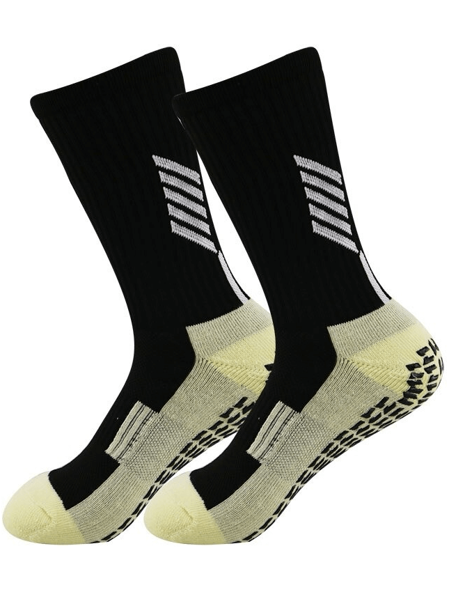 Outdoor football socks with silicone non-slip sole, knee-high length, unisex, black and beige, ideal for sports comfort and stability.